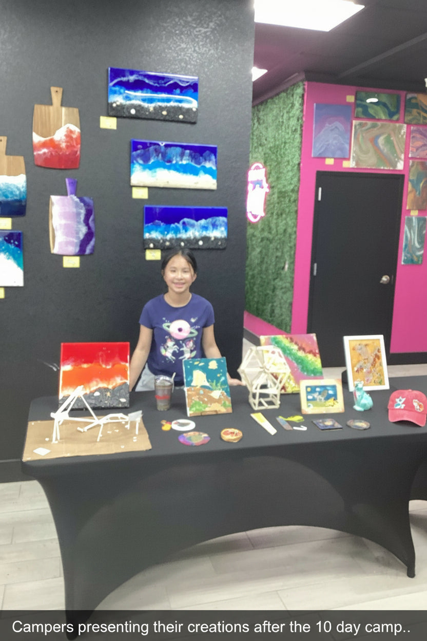 Camper displaying various artworks in an art showcase